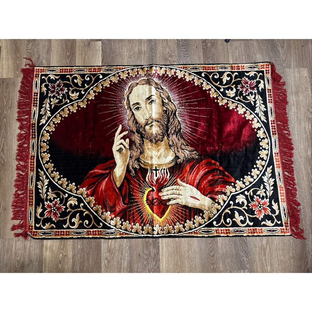 Vintage SACRED HEART OF JESUS 39" x 60" VELVET Wall Tapestry Canvas Back